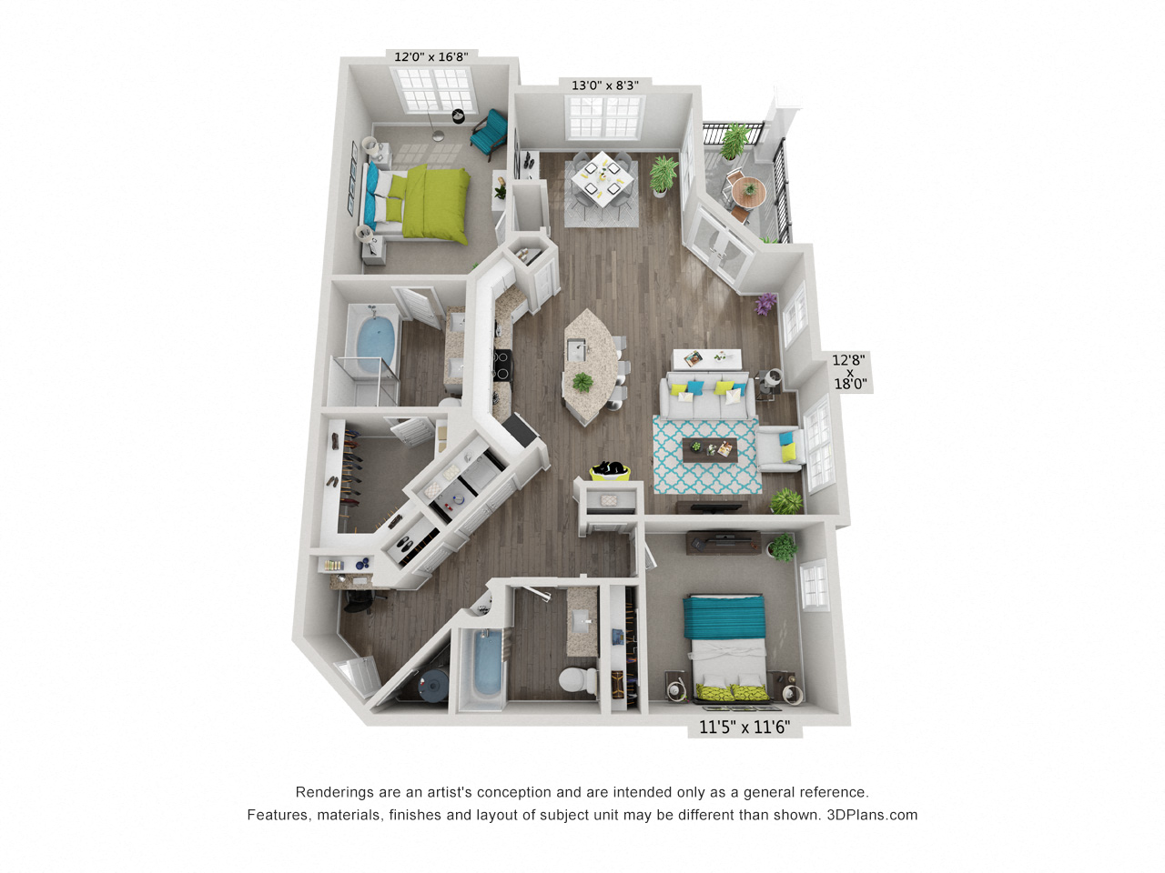 Floor plan for 2 beds, 2 baths, 1380 sqft